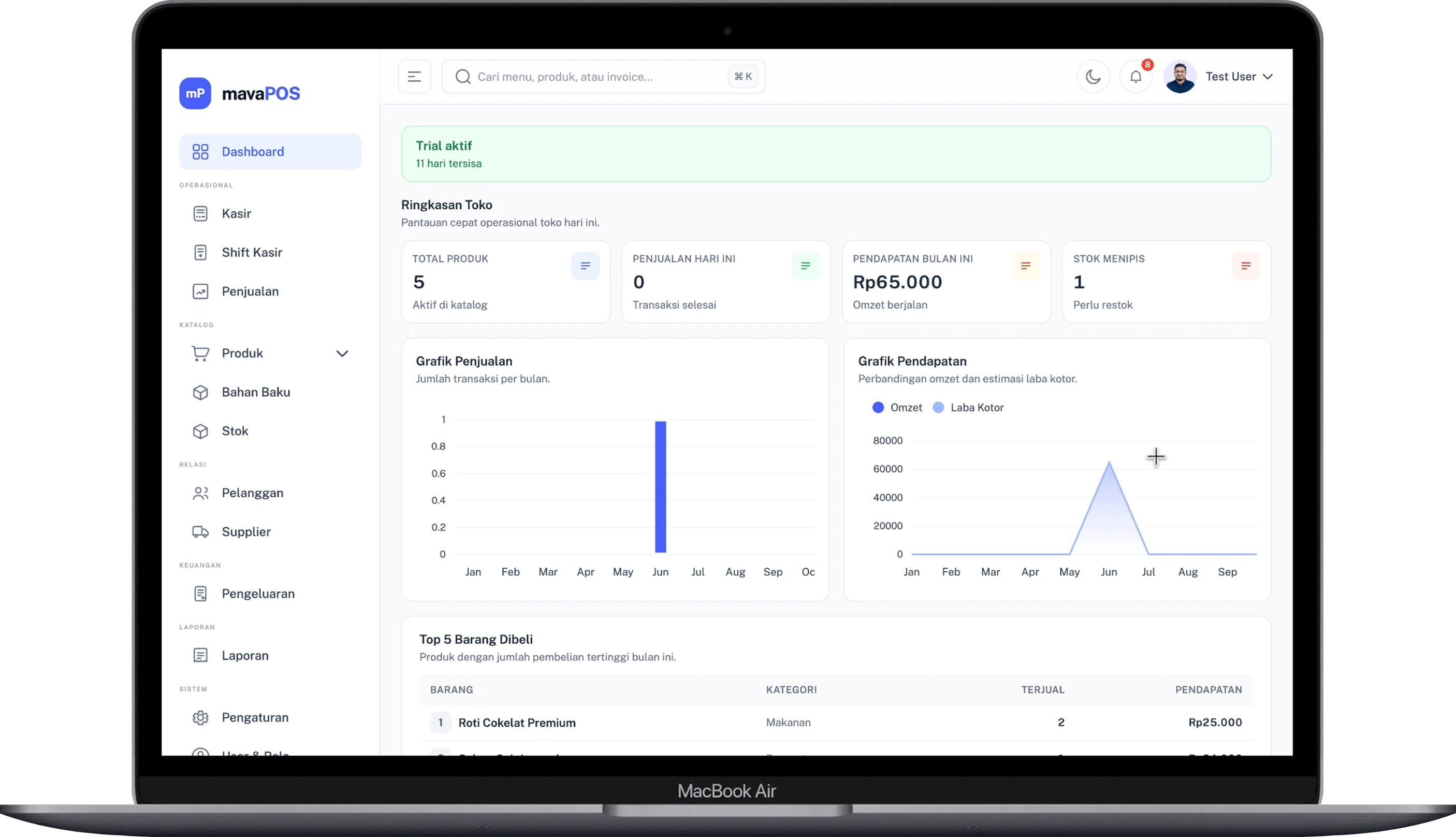 Dashboard MavaPOS pada MacBook Air